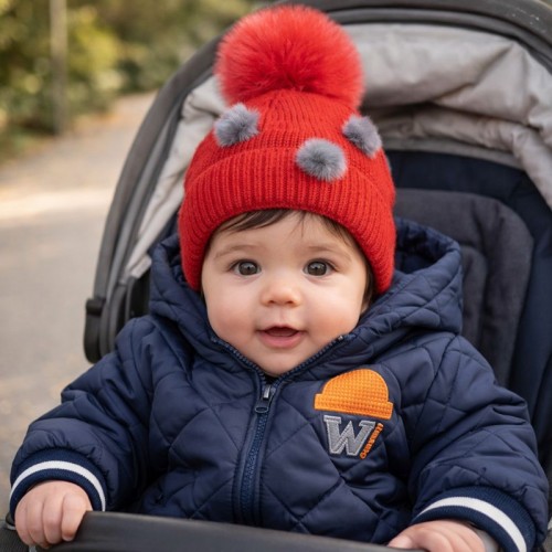 Βρεφικό Μάλλινο Σκουφάκι Red cap with grey pom pon_85558